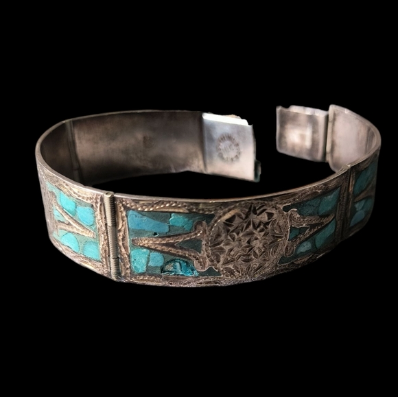 Vintage Mexico Sterling Silver & Crushed Turquoise Inca/Mayan Panel Bracelet - Picture 3 of 13